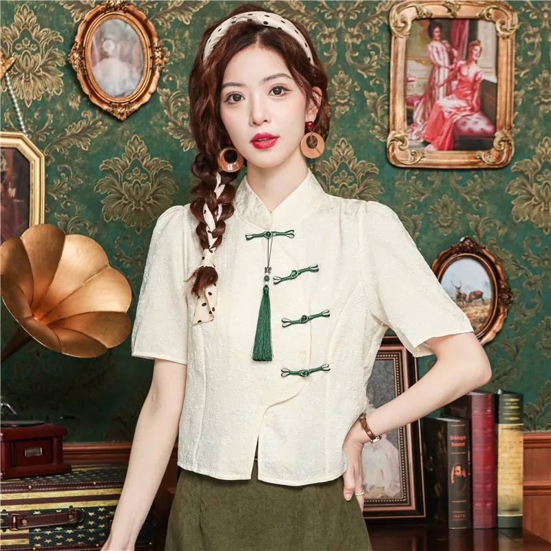 

Chinese-style Women's Blouses Print Vintage Shirts Fashion Loose Spring/Summer Korean Clothing Short Sleeves Women Tops