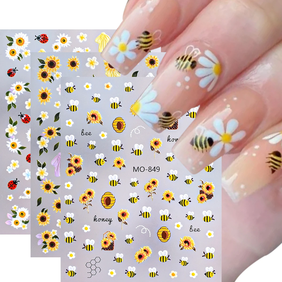 Summer-Themed 3D Nail Stickers Featuring Adorable Bee, Daisy, Flower, Butterfly, and Insect Designs; Nail Art Decals.