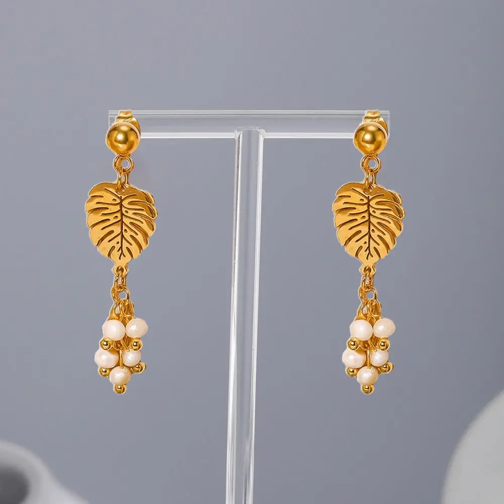 Creative Elegant Pears Gold Leaf Charm Modern Stainless Steel Drop Earrings Dangle Earrings Casual Foliage Eardrops Gift