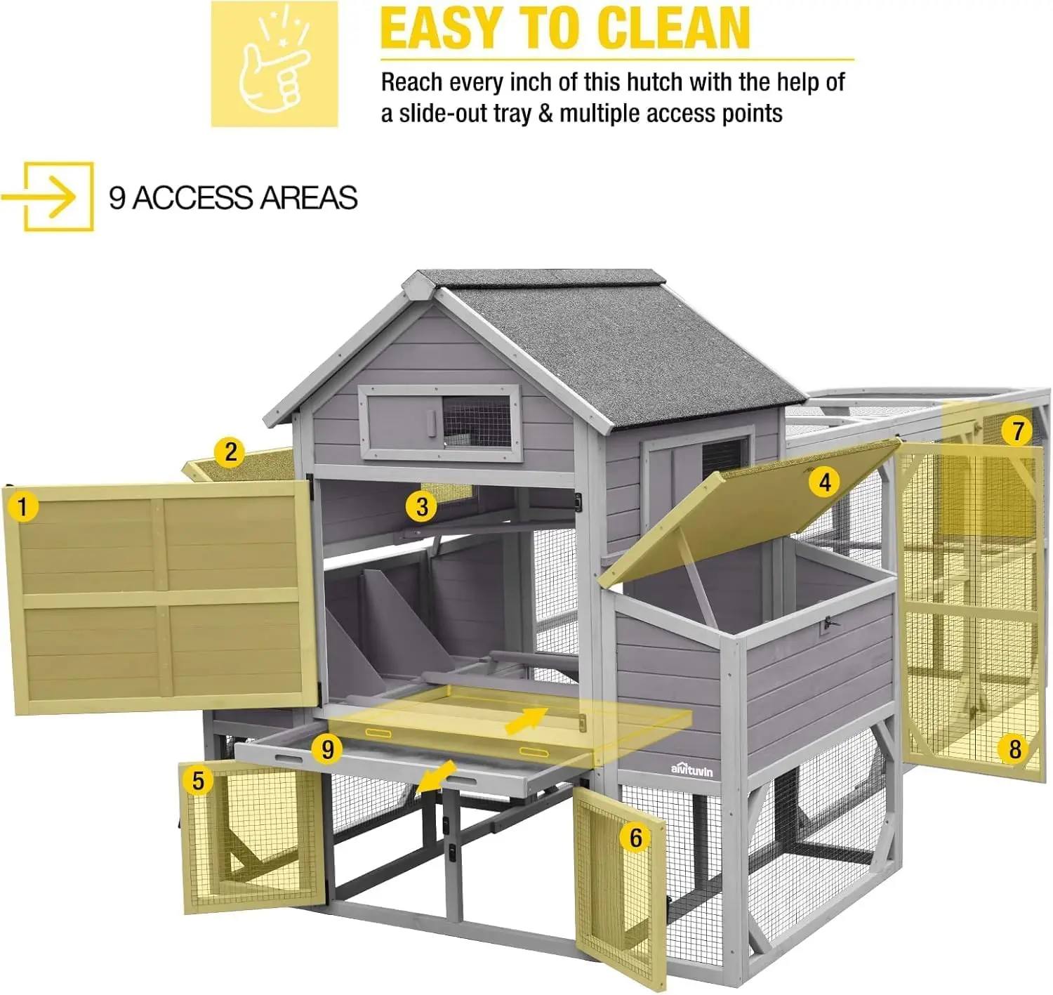Reinforced L-bracket structure+galvanized wire mesh for predator protection.asphalt roof,multiple doors for easy cleaning