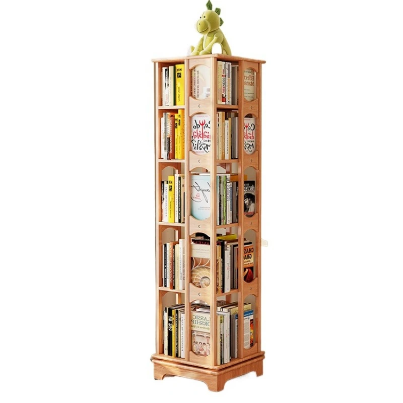 Red Oak all solid wood rotating bookshelf 360 degree Internet celebrity storage home living room floor shelf