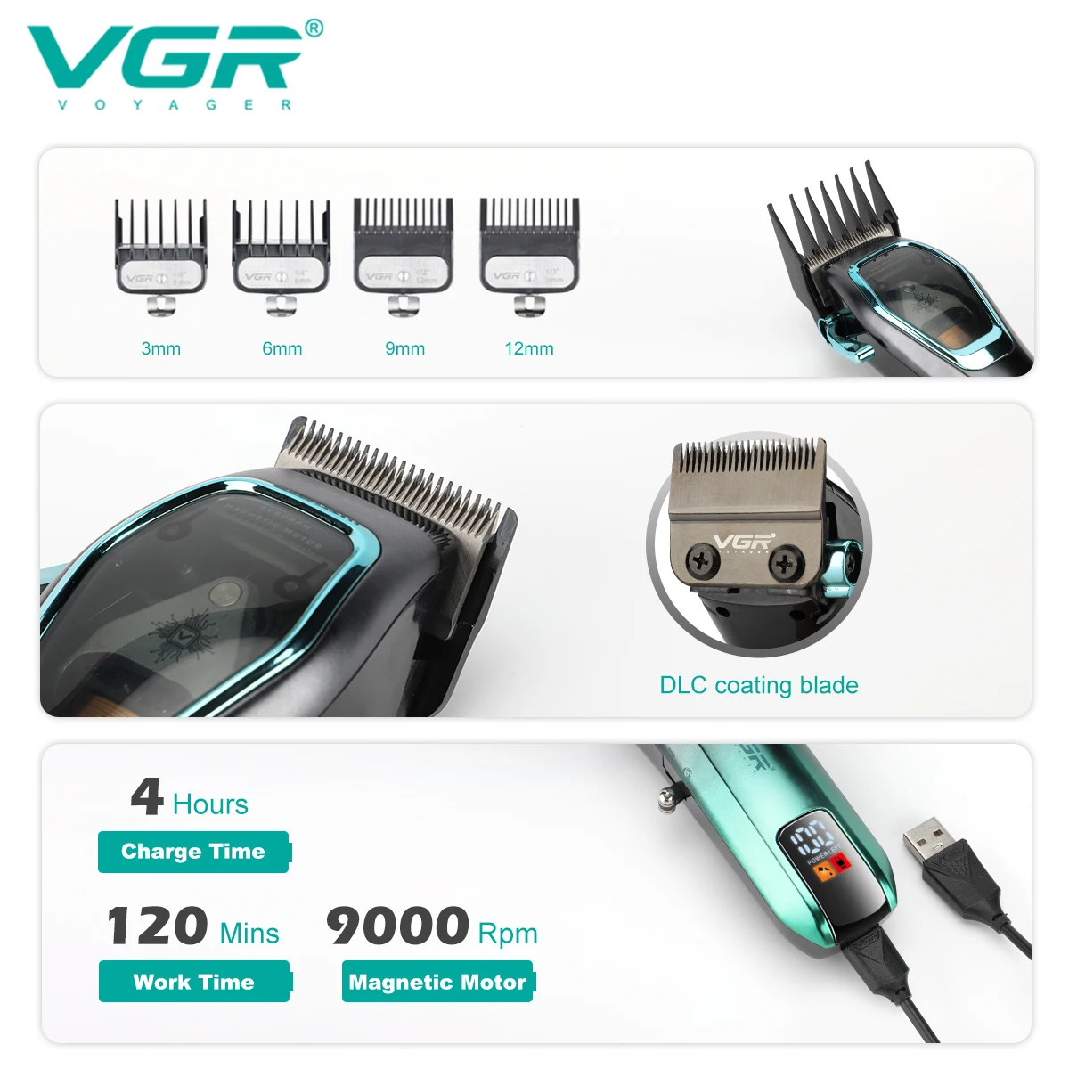 VGR مقص الشعر المهنية الشعر المتقلب 9000 دورة في الدقيقة آلة قطع الشعر قابل للتعديل الحلاق حلاقة LED المتقلب للرجال V-674