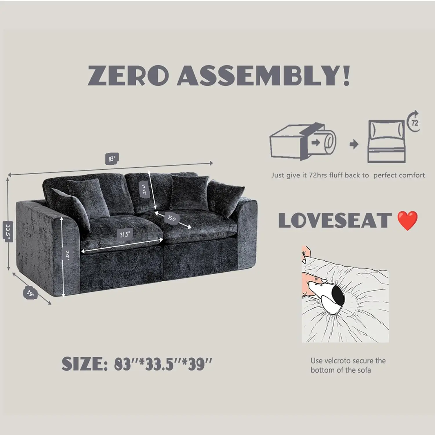 Cloud Sectional Sofa Living Room, Modern L-Shape Back Cushion, Oversized Convertible Deep Chenille Modular Seater, Customized