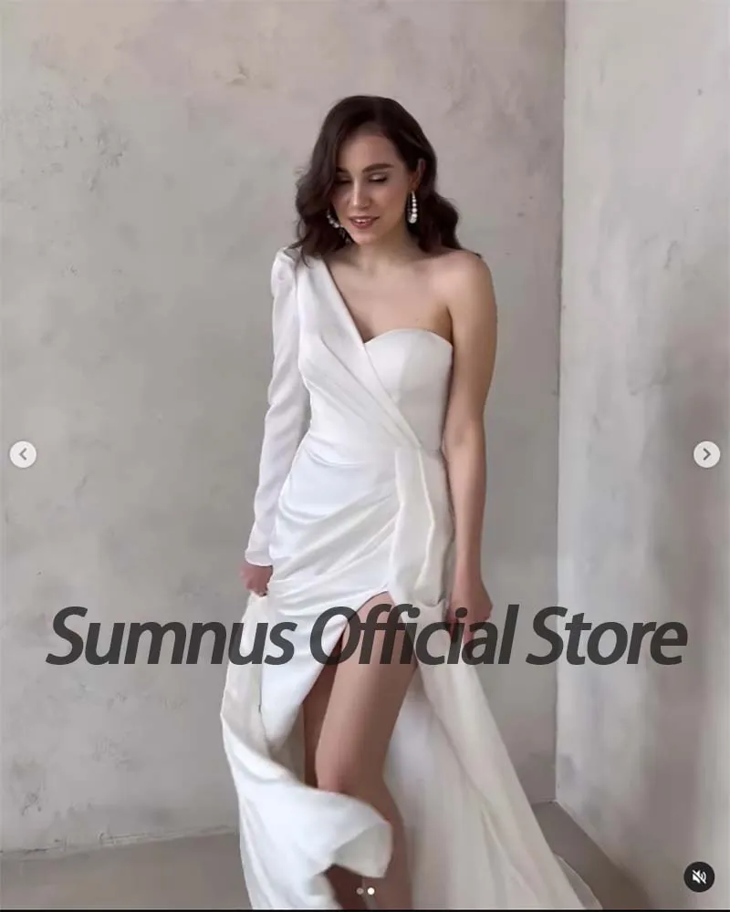 Sumnus branco um ombro vestido de casamento cetim alta fenda vestidos de noiva sem costas zíper elegante longo dubai vestidos de festa de casamento