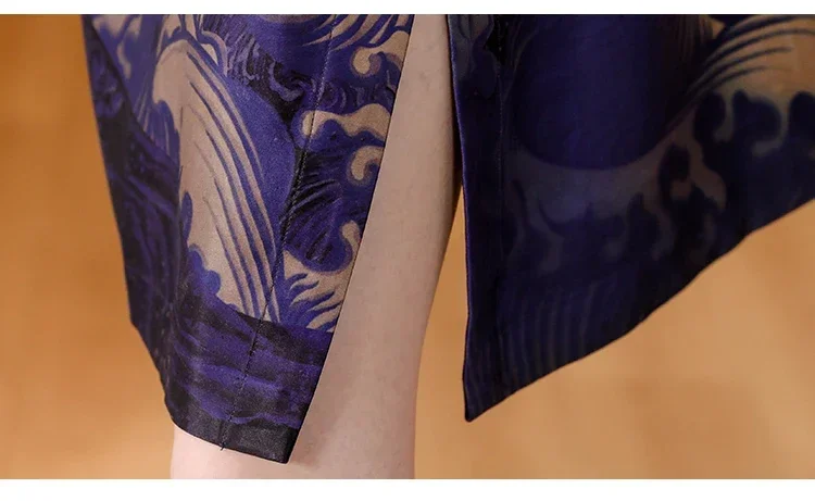 Robe Cheongsam violette à manches courtes pour femmes, robe imprimée vintage, été, nouveau, 2023