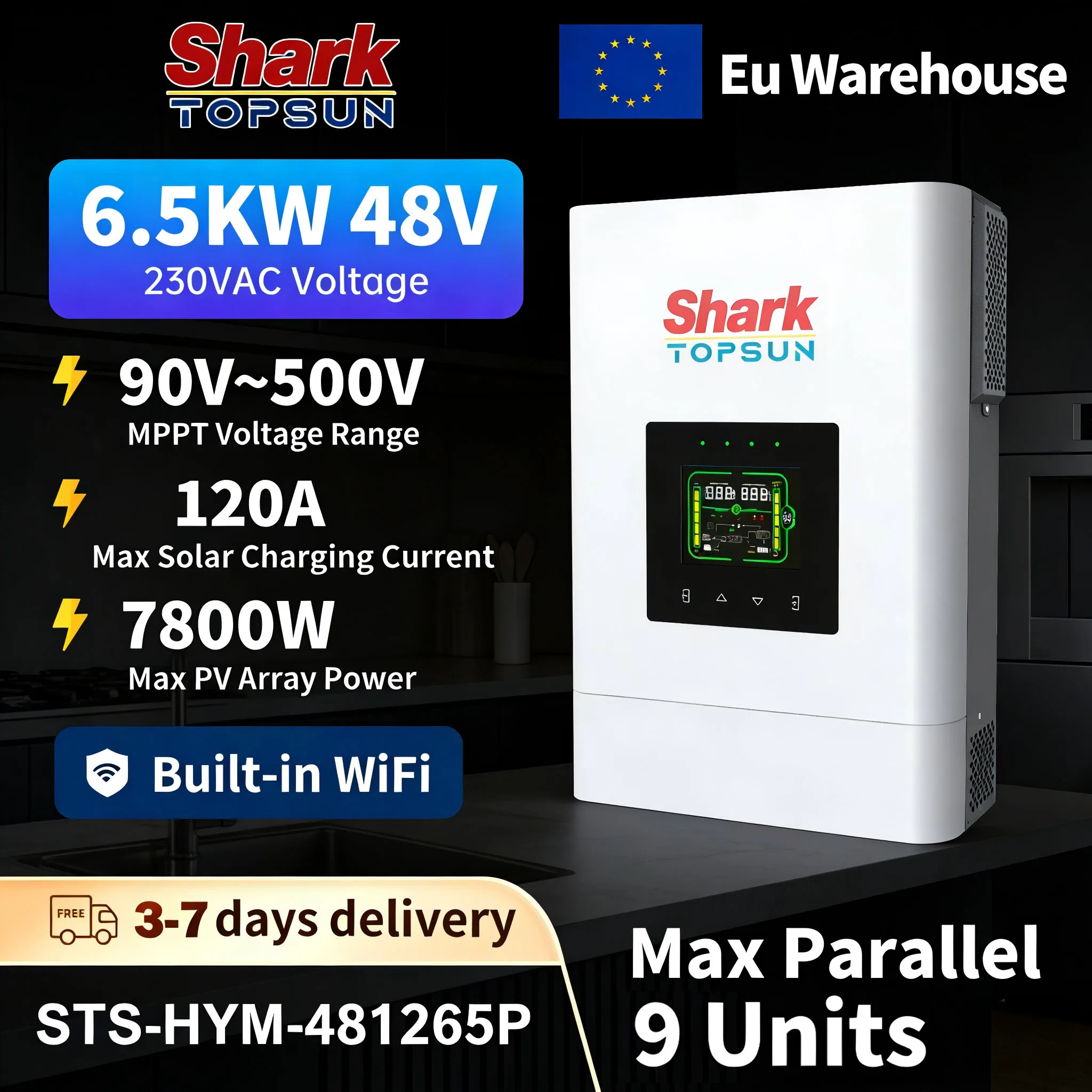 Hybrydowy inwerter solarny 6.5KW 48V 230VAC 120A MPPT 90-500V wejście PV Czysta Sinusoida Wbudowane WiFi Możliwość łączenia równoległego do 9 jednostek