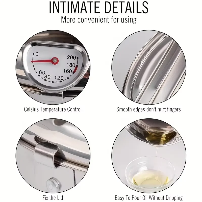 مقلاة من الفولاذ المقاوم للصدأ، قطعة واحدة من الفولاذ المقاوم للصدأ تمبورا مقلاة عميقة على الطراز الياباني للمطبخ المنزلي مع ميزان حرارة سميك #5