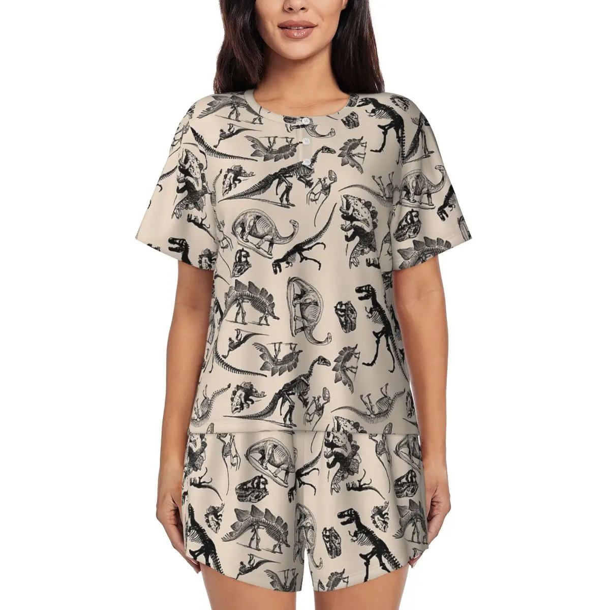 

Museum Dinosaurs And Skeletons Black And Cream Round Neck Short Sleeves Nightdress for Sleeping Women Pajama Set Short Pants