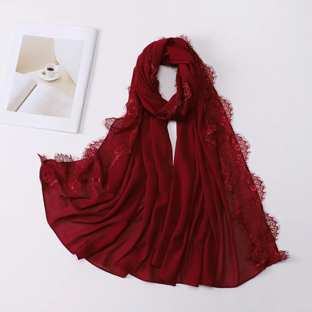 

Versatile Elegant Silk Scarf Lace Edge Long Chiffon Hijab Veil Soft Solid Color Headwraps Women Headwear