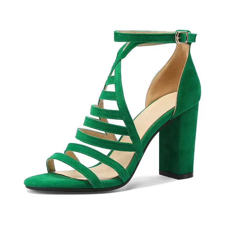 Sexy Mature Bright Green Nubuck Flock Material Lady Summer Block High Heeled Shoes Open Toe Hallow Strap Bandage Heels Sandals