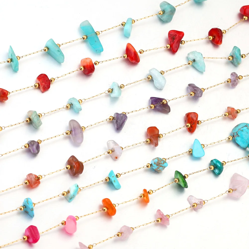 1M Stainless Steel Irregular Natural Stone Clip Beads Chains Turquoise Gemstone DIY Jewelry Bracelets Necklace Making Findings