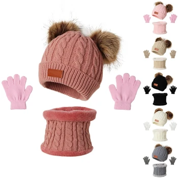 3pcs 2025 New Winter Toddler Kids Warm Knitted Pompom Hat Wi...