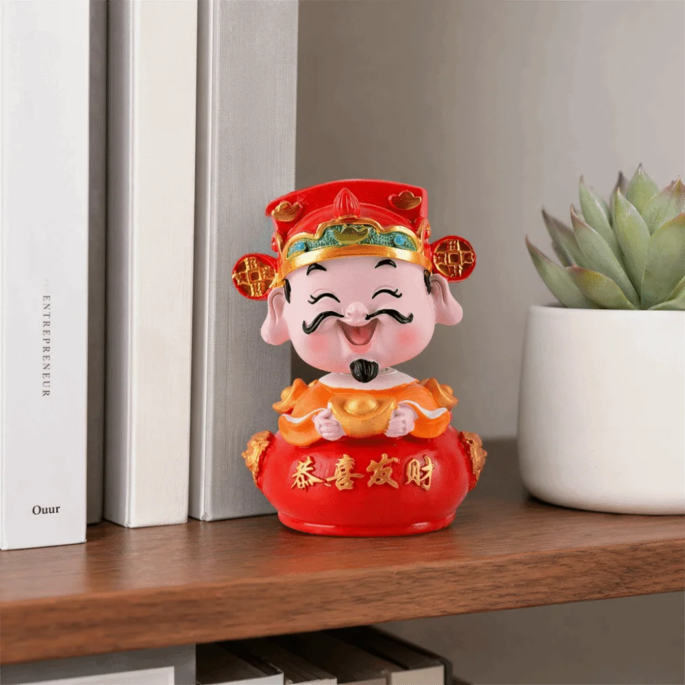 Resin Wobble Head God of Wealth Resin Figurine Red, Gold Treasure Basin Figure Tabletop Ornament