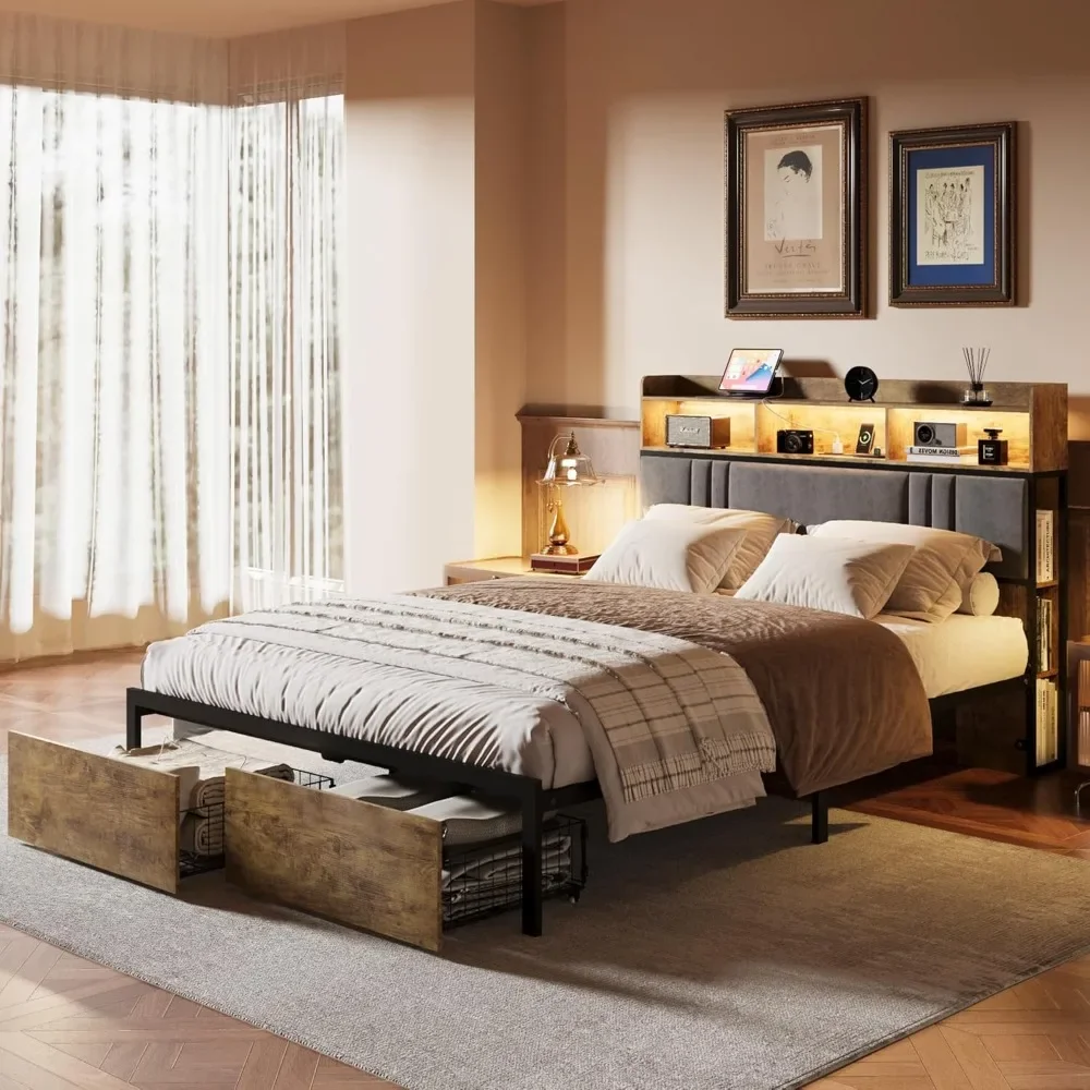 

Bed Frame with Storage with Headboard and 2 Storage Drawers, Built-in Charging Stationand RGB LED Lights, Platform Bed Frame