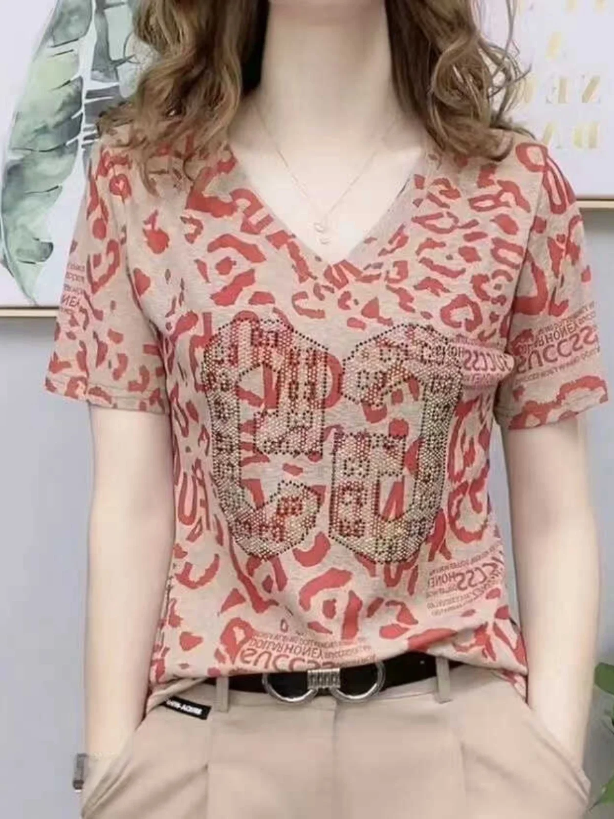 

Korean Style Versatile Print V-Neck Short Sleeve T-Shirt Women's Summer Loose Casual Slimming Meat Covering Top