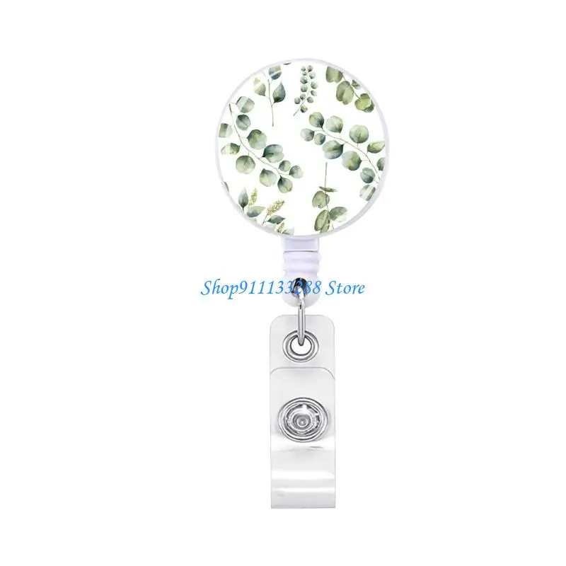 G88D Flower Print Badge Holder with Metal Pocket Clip Retractable ABS Badge Holder