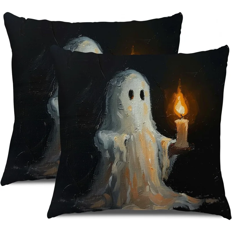 Halloween pillowcase 18x18 inches, set of 2 retro ghost candle pillowcases, Halloween decorative ghost cushion cover