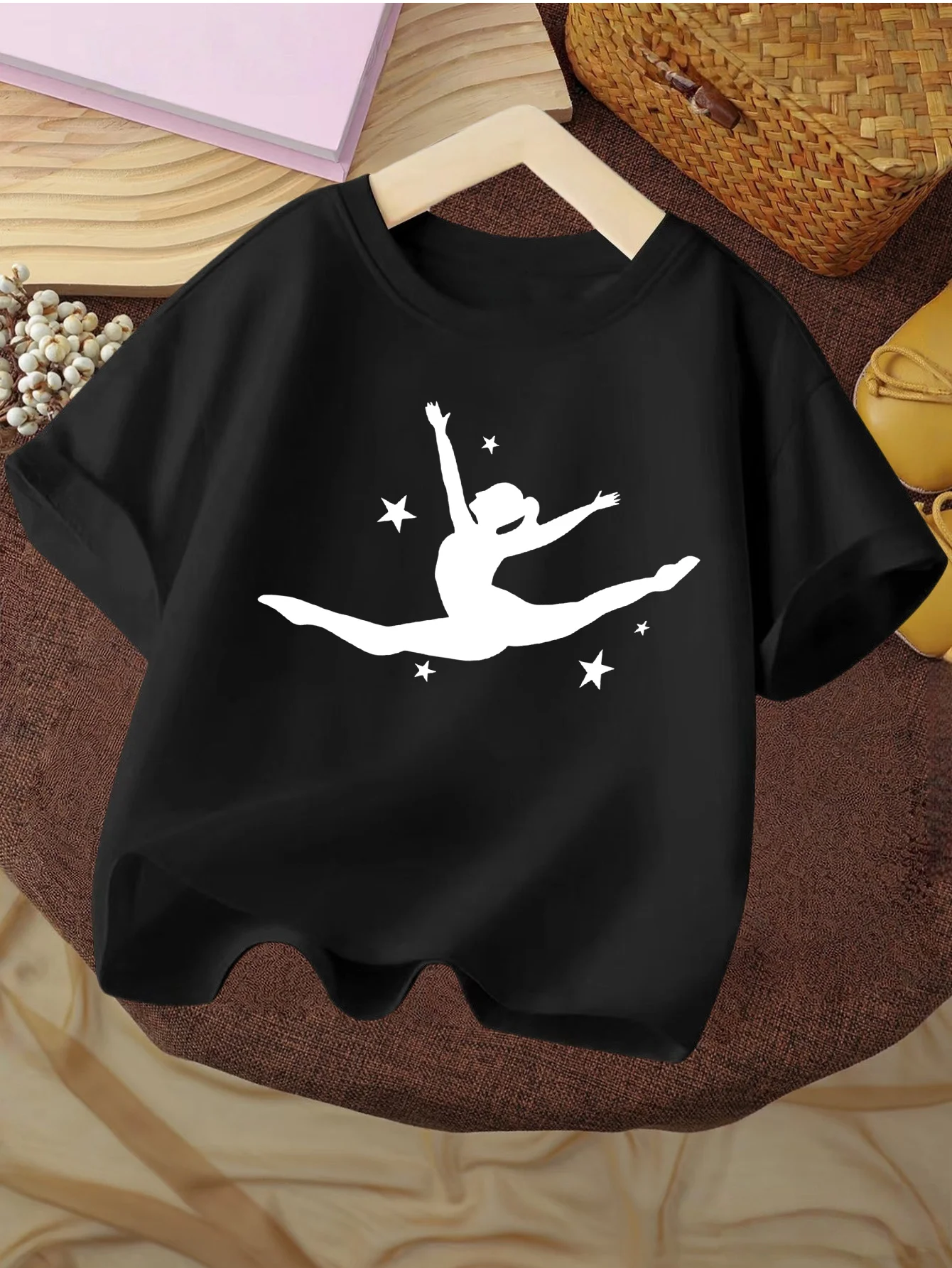 Kids T Shirt Gymnast Dancer Silhouette With Stars Minimal Graphic Short Sleeve Cotton Tops For Boys Girls Daily Casual Outfit