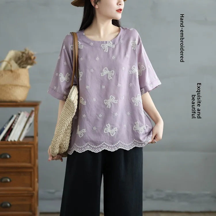 

Retro Cotton Linen ort Sve Large Size T-irt Embroidered Knot round Ne Women's Top Ele Artistic Feel