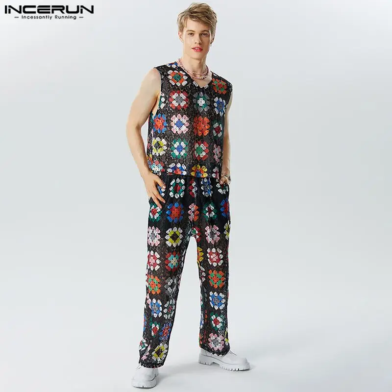 INCERUN Men Sets Lace Flower Printing Transparent V Neck Sleeveless Tank Tops & Pants 2PCS Streetwear 2023 Sexy Men Suits S-5XL