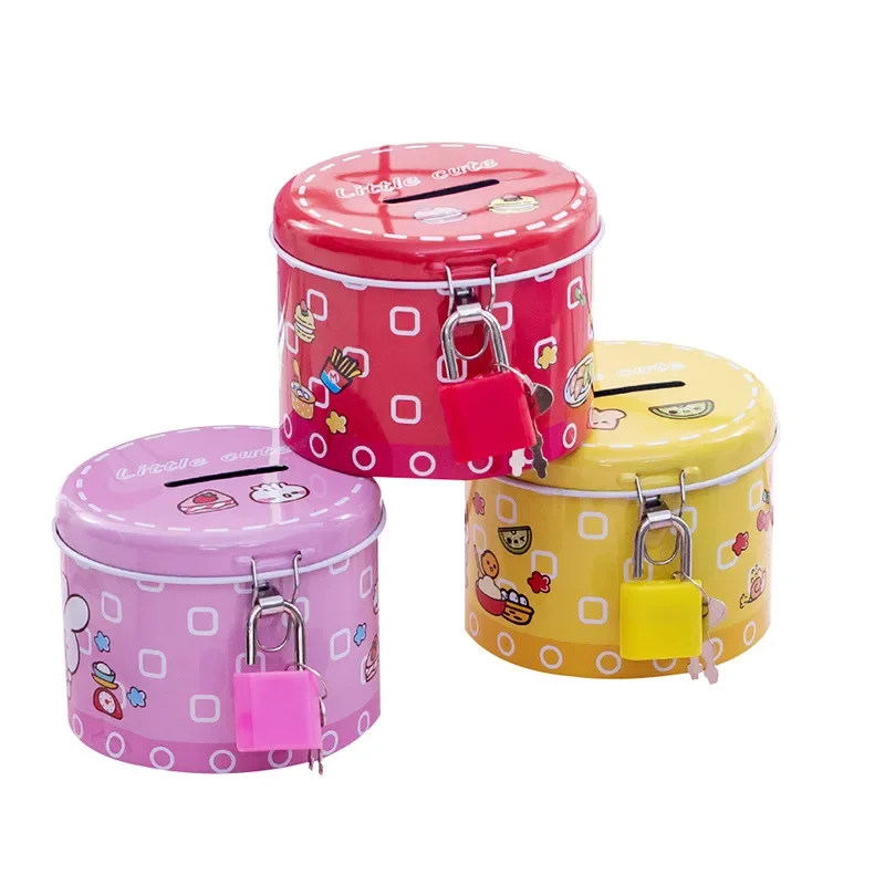 Creative Metal Cylinder Piggy Bank Tinplate Cartoon Saving Bank With Iron Lock For Gifts