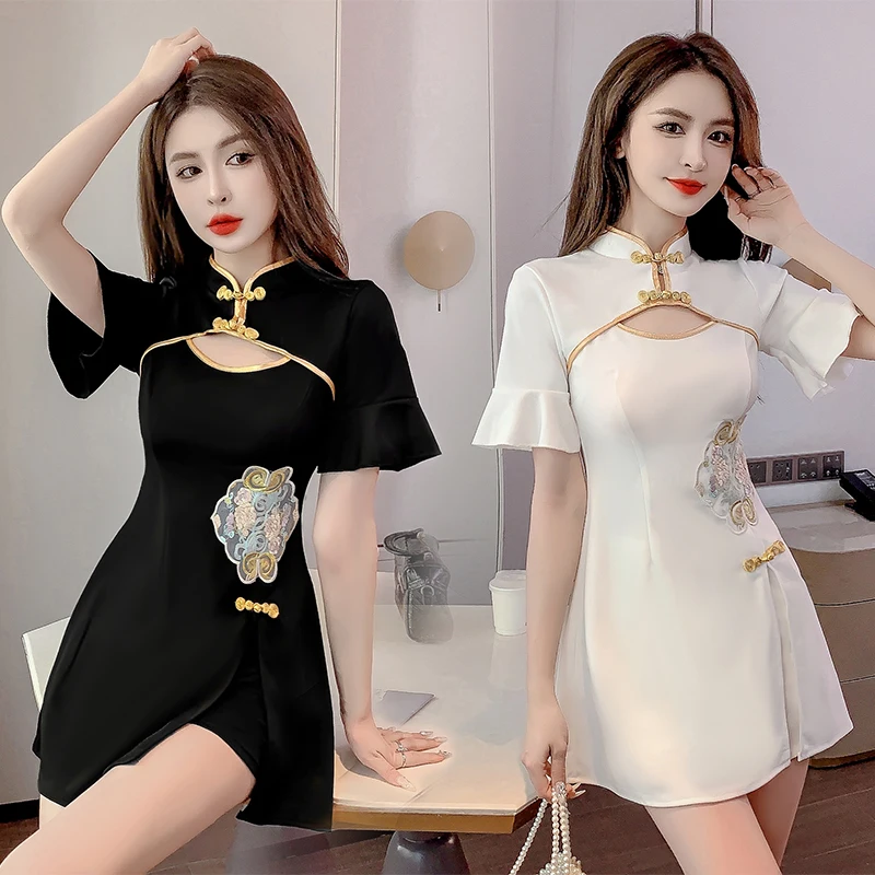 

2024 Women Summer New Improved Qipao Style Chinese Retro Short Dress and Shorts Two Piece Set Outfits