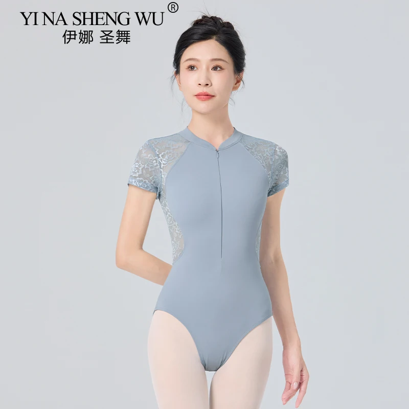 Corsetto da balletto a maniche corte da donna con cerniera, collo alto, tuta da ginnastica senza schienale, costume da balletto in pizzo nero per adulti