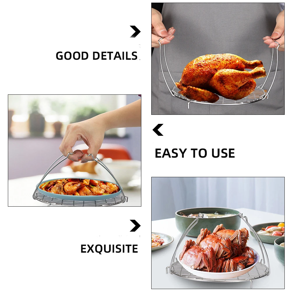 

Stainless Steel Steamer Rack Round Air Fryer Handle Shelf Accessories Rustproof Easy Clean Multi Function Draining