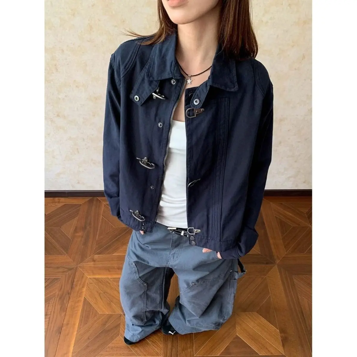 Splicing Aircraft Buckle Jacket Women's Retro Vintage Short Autumn and Winter Coat