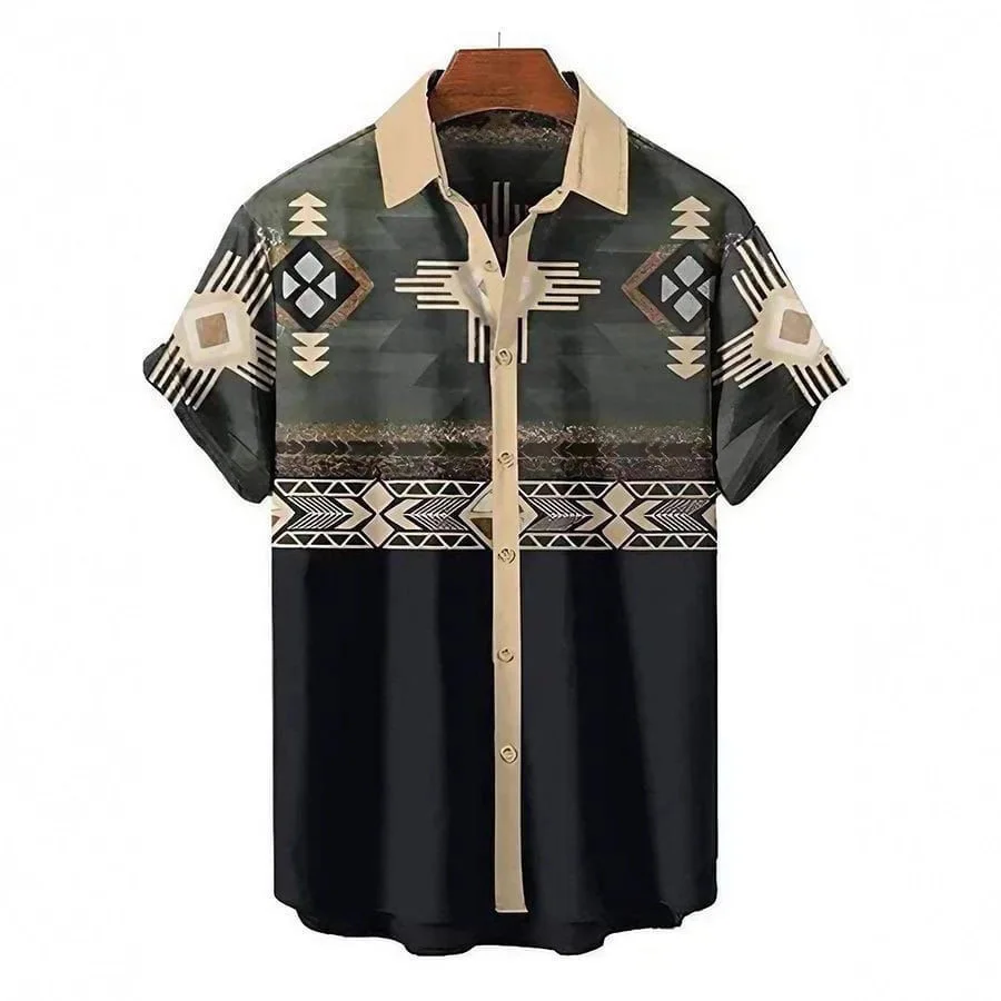 Men's Retro Ethnic Style 3D Digital Printing Men's Button Lapel Short-sleeved Shirt Hawaii Beach Leisure Vacation Beach Clothing