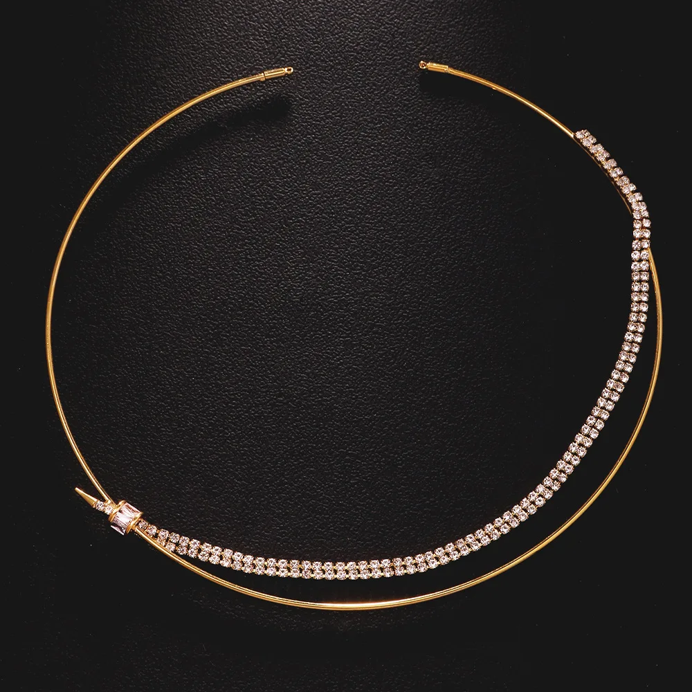 Golden Delicate Knot Crystal Choker Necklace Women Open-ended Rhinestone Collar Necklace Elegant Wedding Party Jewelry