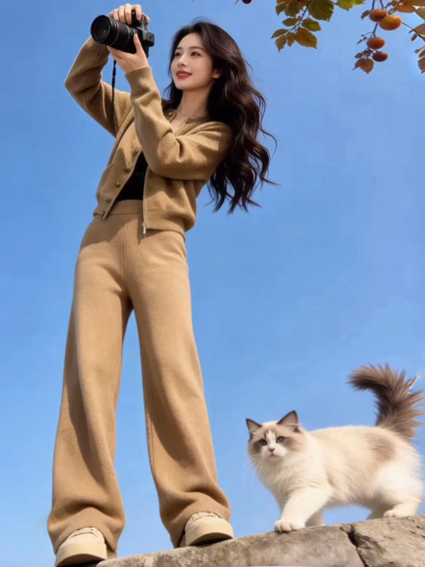

Fashionable Women's Two-Piece Set High Waist Wide Leg Pants Cardigan Comfortable Midweight Winter Casual Style Universal Fit