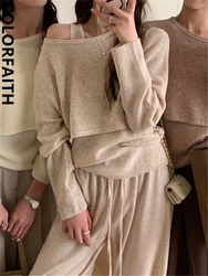 Colorfaith SW9092DG New 2023 Vintage Elegant Lady 2 Pieces Sexy Chic Korean Fashion Knitted Women Sweaters Autumn Winter Tops