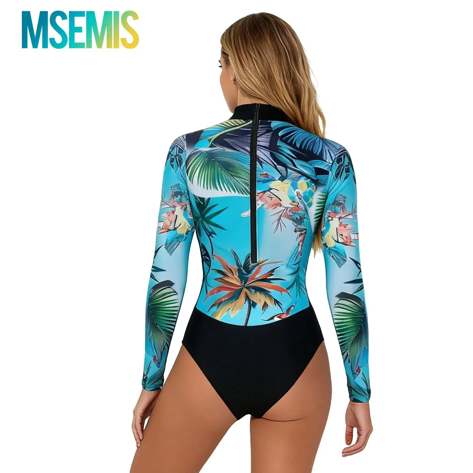 

Womens Printed Rash Guard Swimwear One-piece Long-sleeve Swimsuit Back Zipper Sun-protection Surfing Diving Beach Bathing Suit