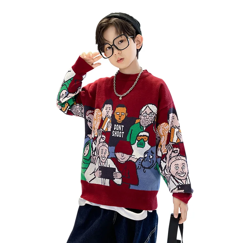 Elegant Children Autumn Sweaters with Cartoon Characters Knit Costumes For Kids Boy Burgundy Grey Color Knitwear Teens Clothes