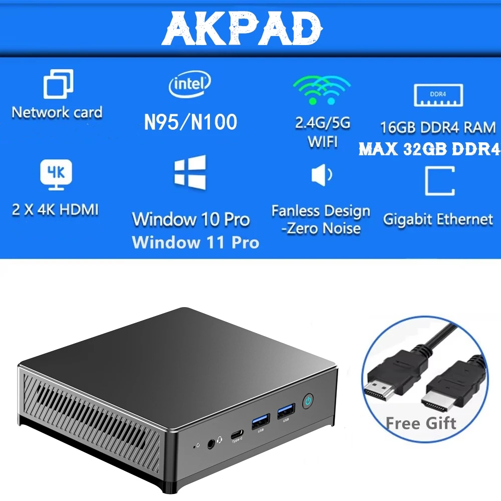 LB1 AKPAD 미니 PC: 알더 레이크 N95/N100, WIFI5, BT5.0, 윈도우 11 프로, DDR4, M.2 SSD 듀얼 HDMI 디스플레이