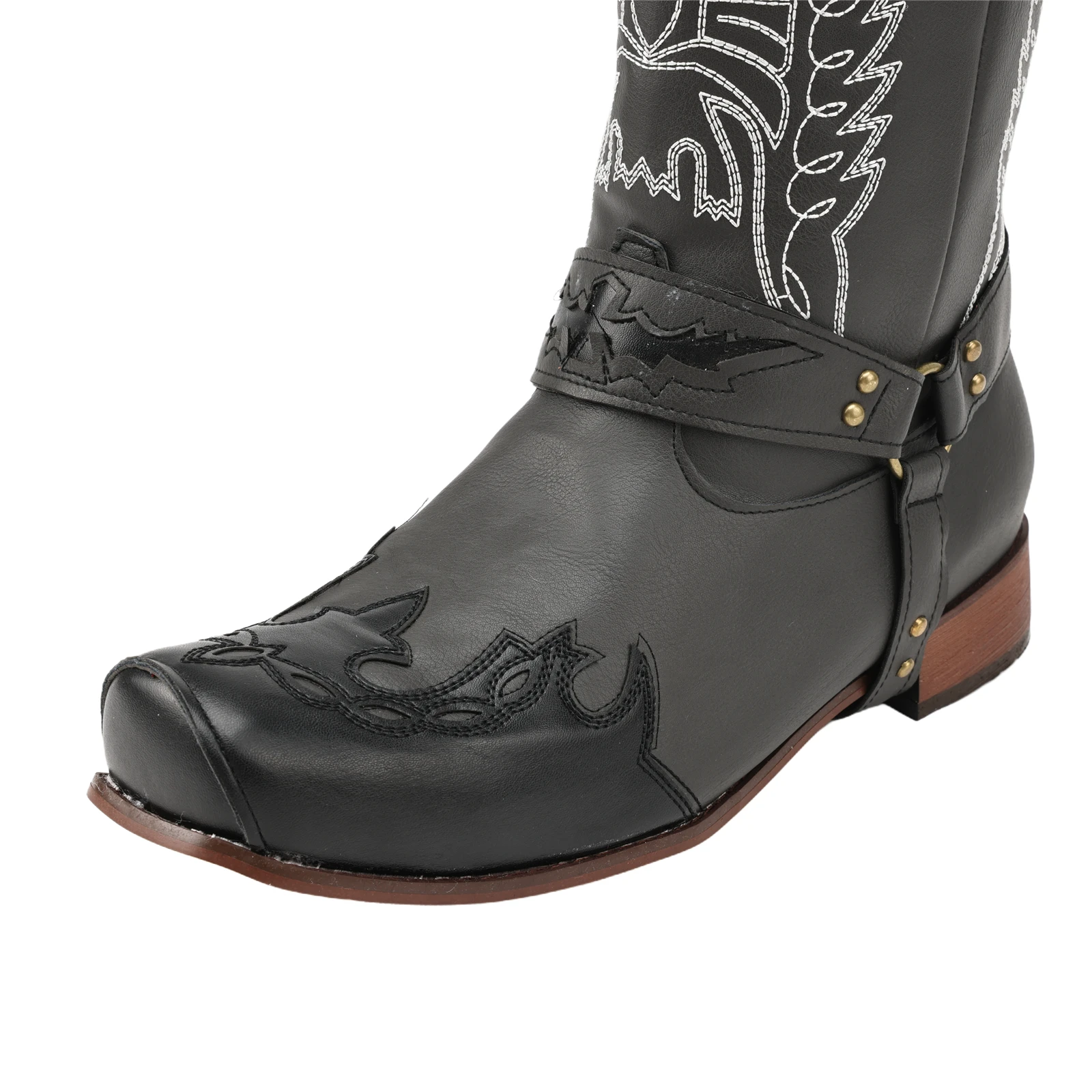 Men's Square Toe Embroidered Faux Leather Boots, Side Zipper Knight Boots, Warm Court Viking Tribal Style Cosplay Boots