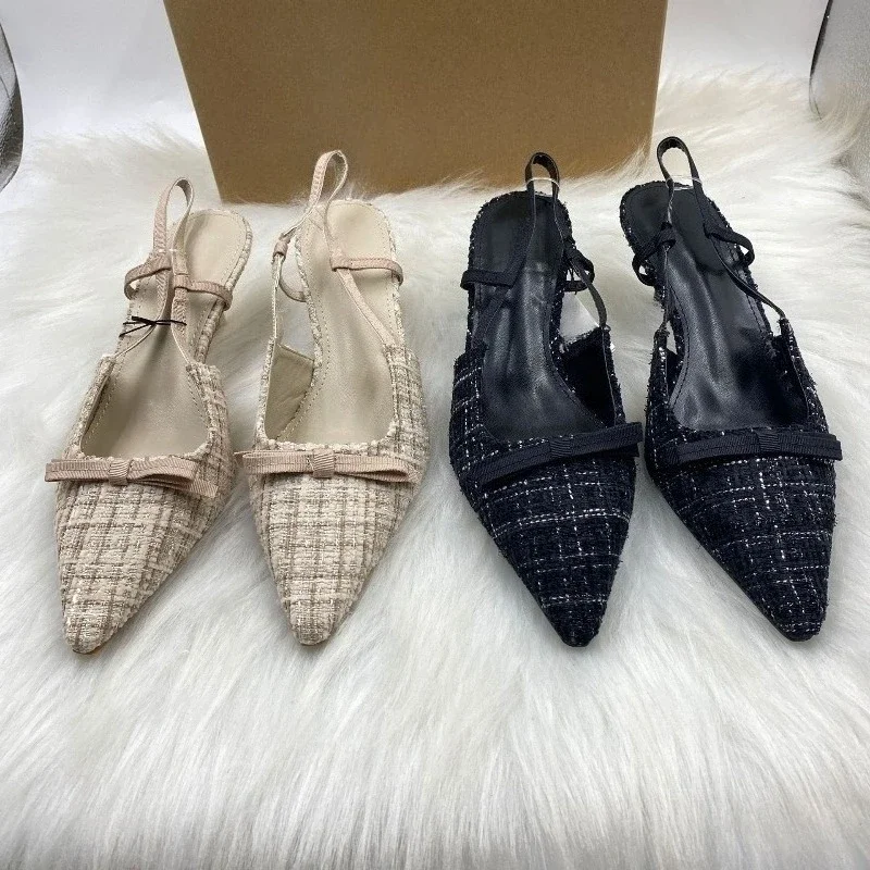 حذاء نسائي جديد لعام 2025 من التويد الفاخر منقوش عليه فيونكة ديكور بكعب رفيع بمقدمة مدببة حذاء أنيق للحفلات والمكتب