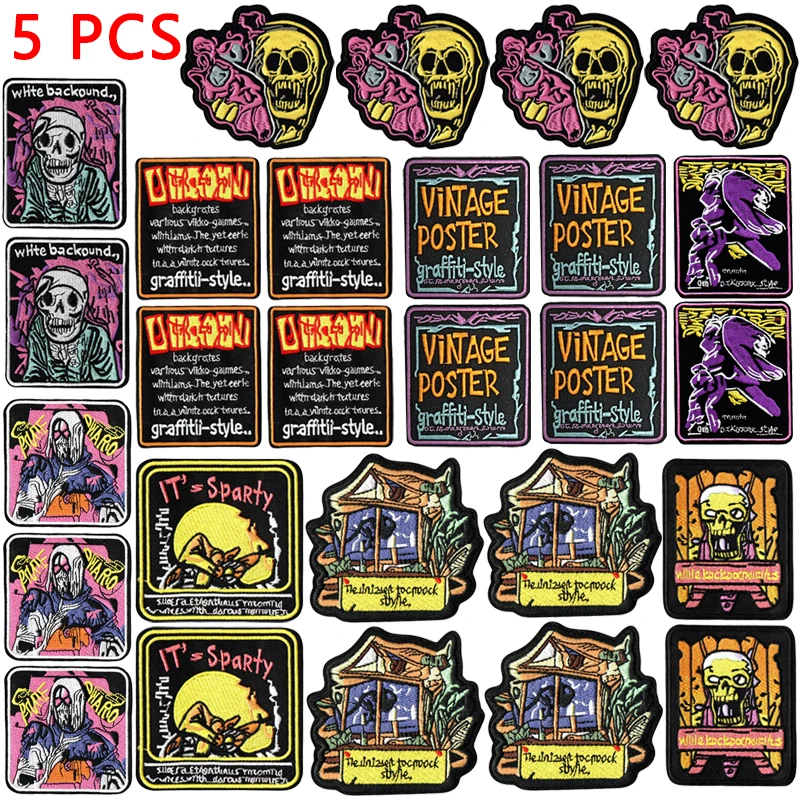 5 pcs/let Horror Movie Patch Punk Skull Embroidery Patch Iron On Patches For Clothing Thermoadhesive Patches On Clothes Stickers