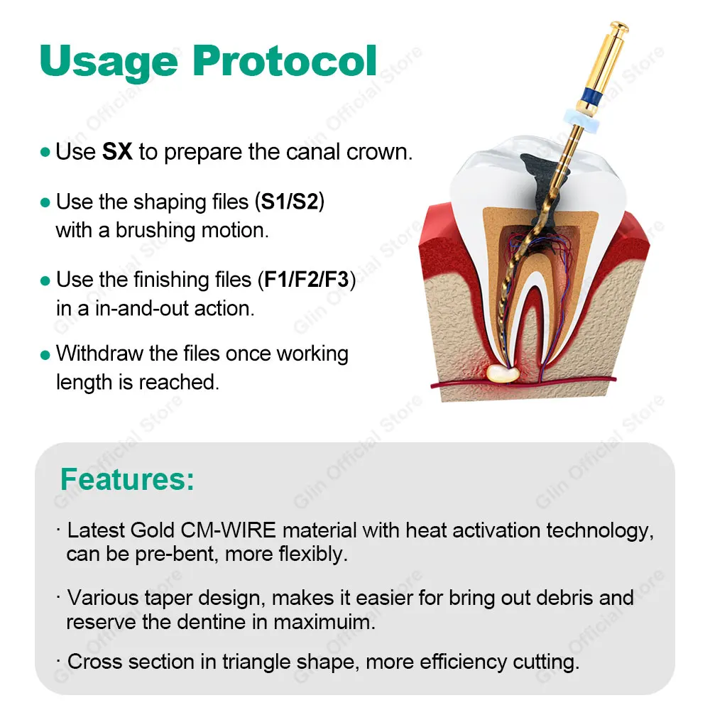 Glin Dental Instrument Heat Activation GOLD Files Universeral Engine Use Rotary Files Endondontic Root Canal NITI Dentist Tool