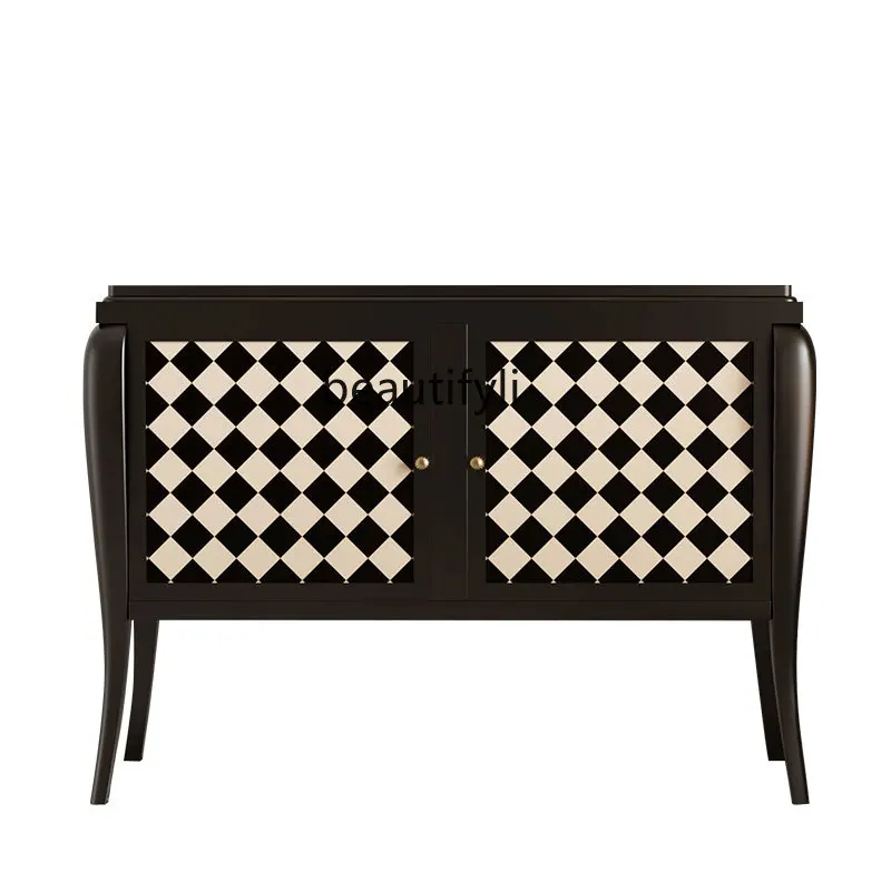 

Zhonggu French Style Solid Wood Sideboard Double Door Black and White Grid Storage Corridor Model Room Entrance Cabinet