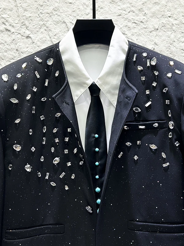 2025 Autumn New Heavy Embellished  Jacket for Men Korean Version Light Luxury Casual Loose Turn-down Collar Jacket