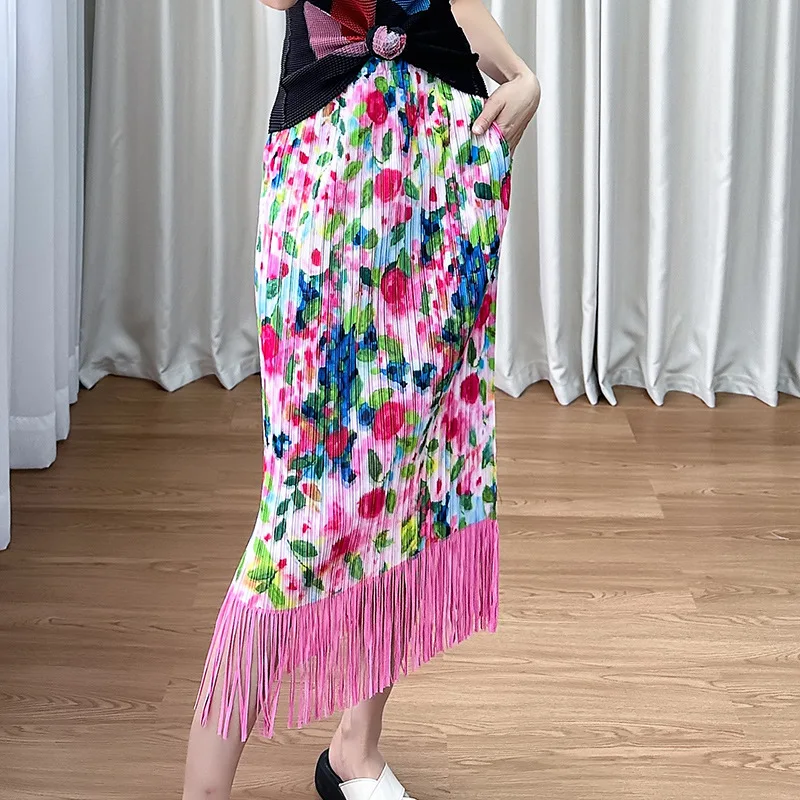 

Miyake Pleated Skirt Women's 2024 Summer New Creative Printed Pleated Skirt Fashion Loose High Waist Casual Tassel Skirt