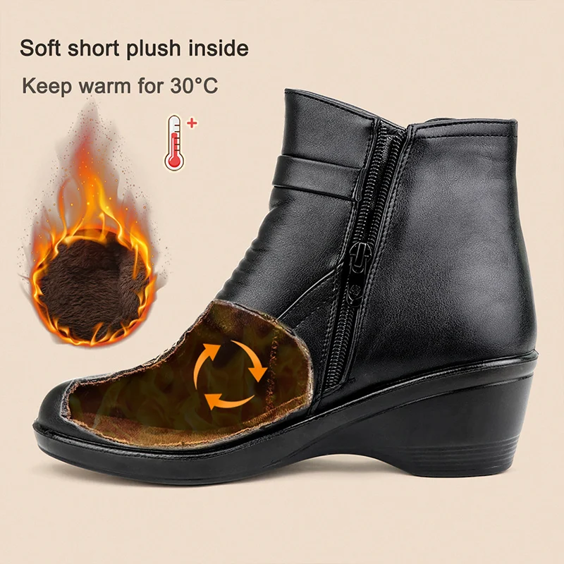 Fashion Winter Women Ankle Boots PU Leather Female Thick Plush Warm Snow Boots Mother Waterproof Non-slip Booties Luxury