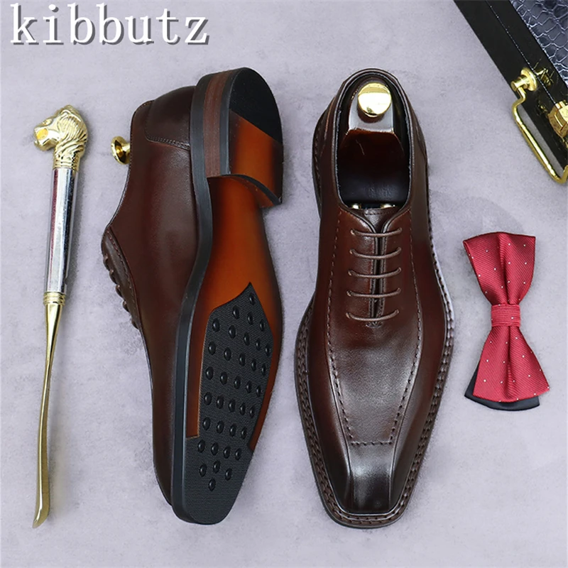 

Groom's Wedding Dress Leather Shoes Luxury Design Square Toe Handmade Cowhide Business Formal Oxford Shoes
