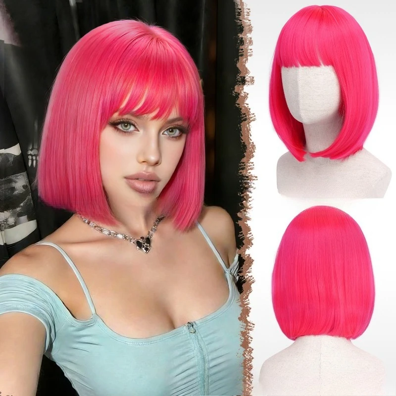 Short Bob Wig with Bangs, Colorful Straight Hair Wig for Halloween Party Cosplay