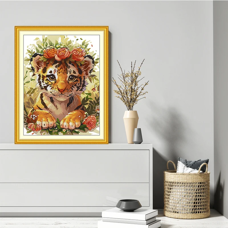 Joy Sunday Tiger mit Blumen HD-Muster Kreuzstich-Set Aida 16/14CT gezählter bedruckter Stoff Leinwand DIY Stickerei Nähset – Detail 2