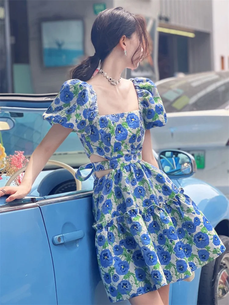 

Платье с цветочным принтом для дня рождения, с пышными рукавами и открытой талией, юбка А-силуэта с высокой талией, короткое платье для женщин