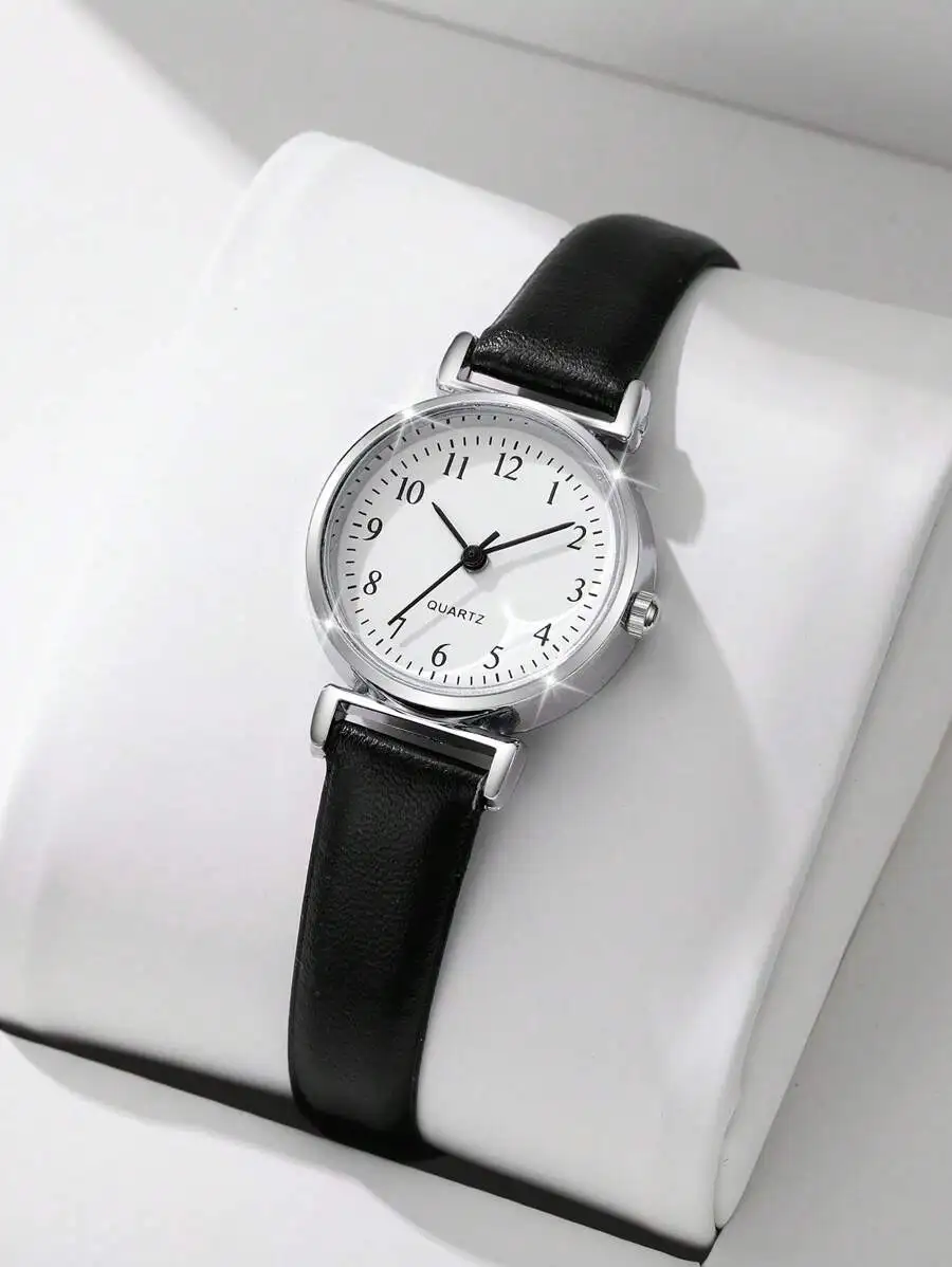 

Элегантные женские классические кварцевые наручные часы с черным кожаным ремешком и белым циферблатом