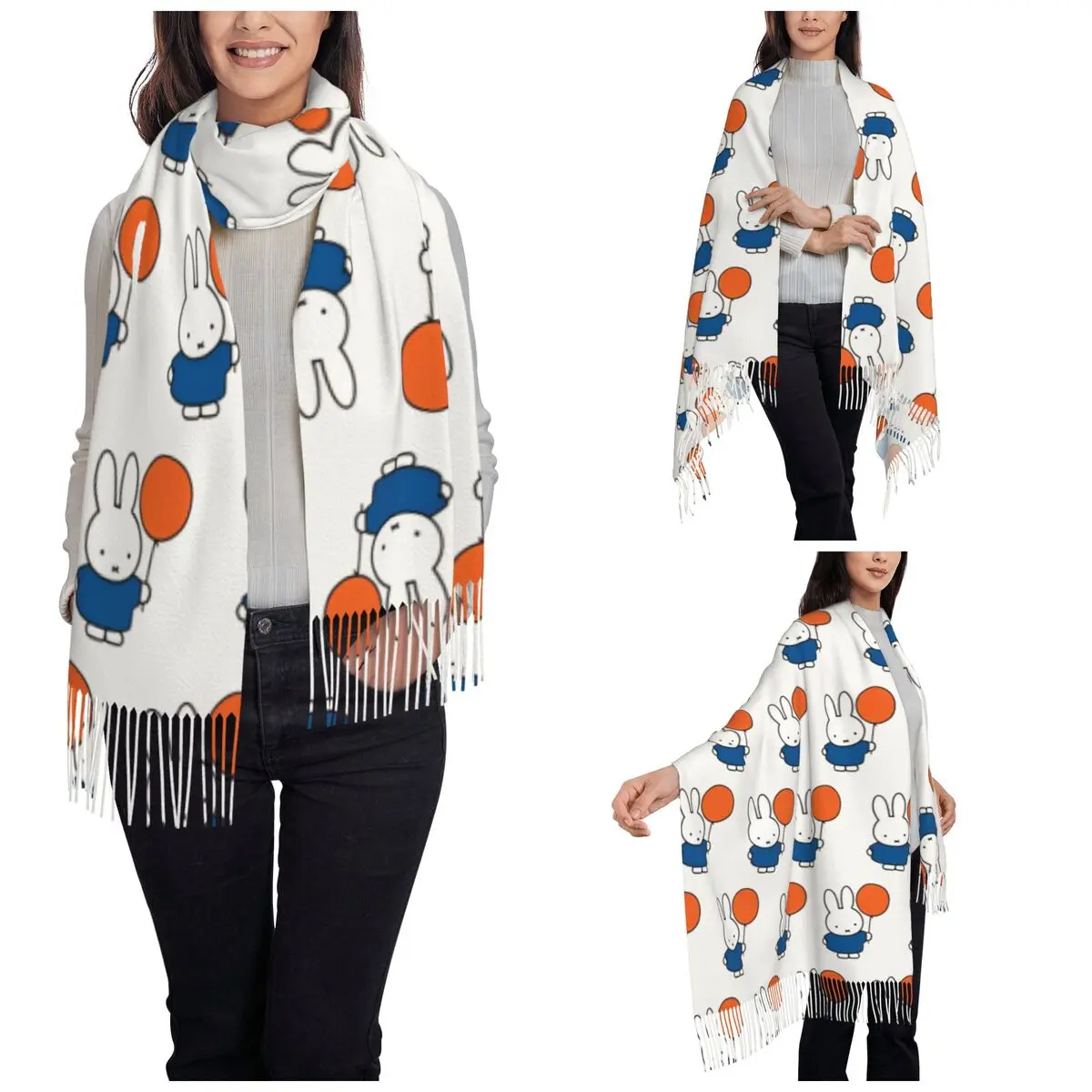 Kawaii Miffyy Shawls Wraps for Women Winter Large Long Scarf Cute Cartoon Rabbit Neckerchief Tassel Scarves